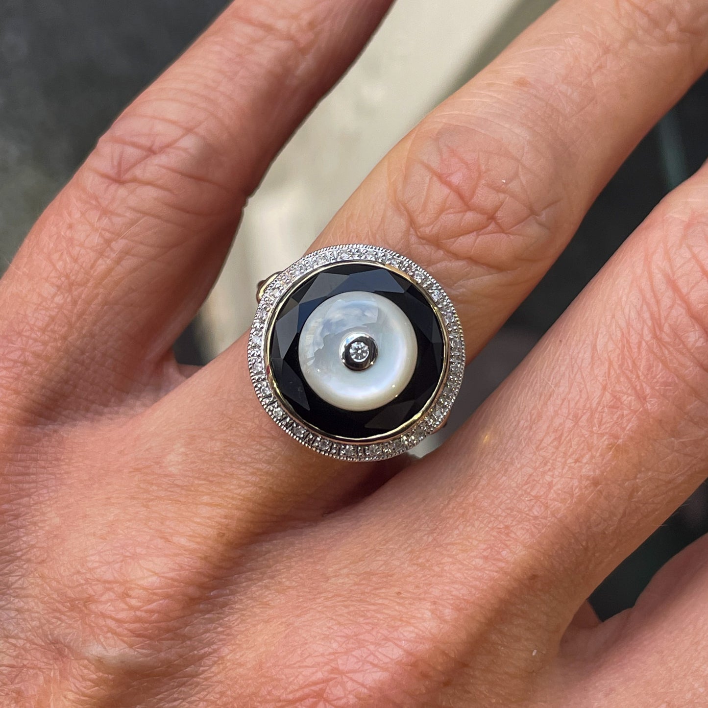 9ct Gold Mother of Pearl, Onyx & Diamond Ring - John Ross Jewellers