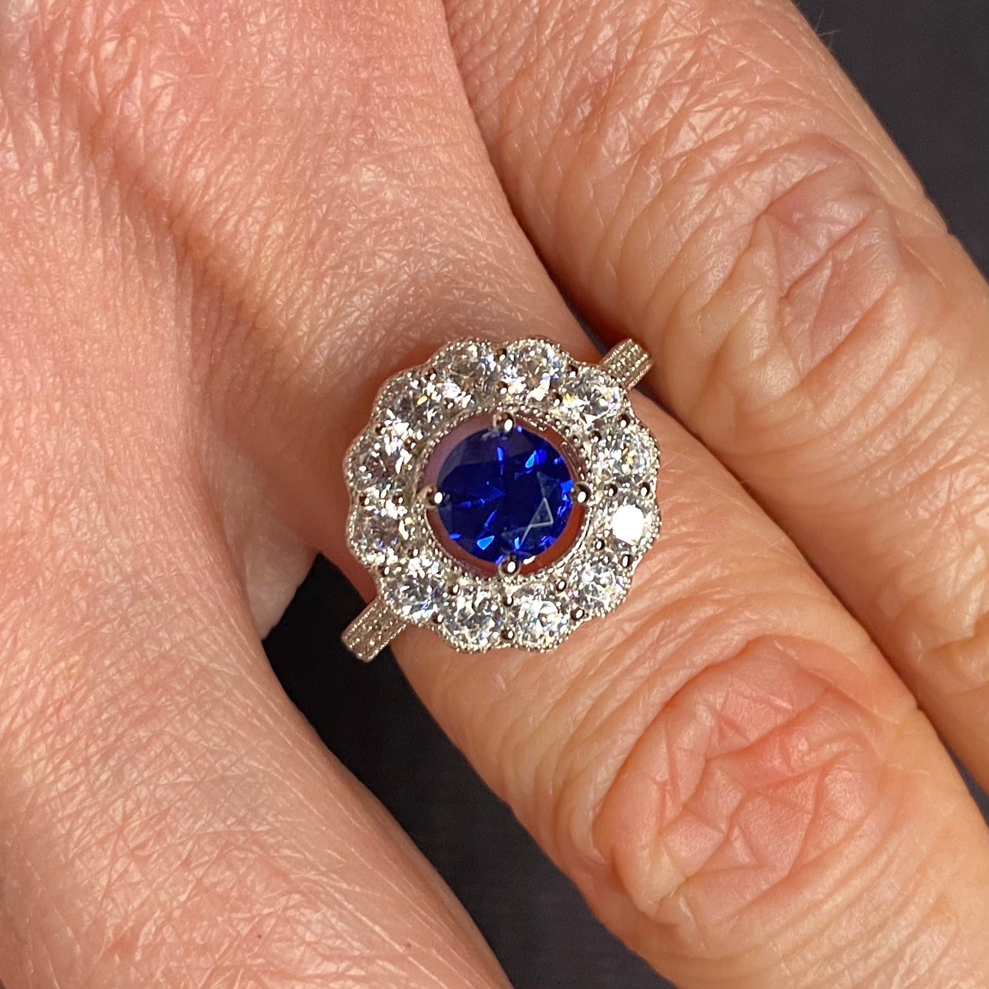 Silver Created Sapphire CZ Halo Ring - John Ross Jewellers
