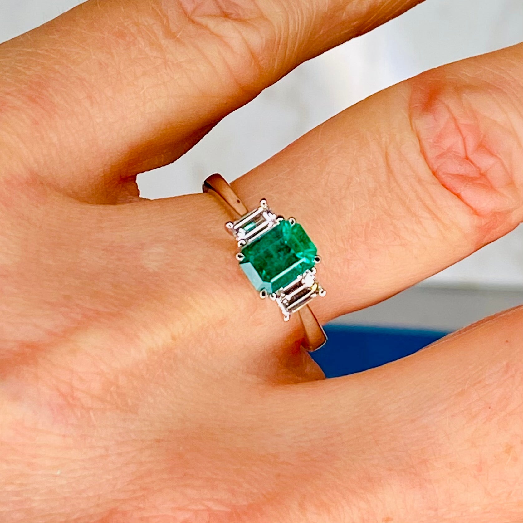 18ct White Gold Emerald & Diamond Trilogy Ring - John Ross Jewellers