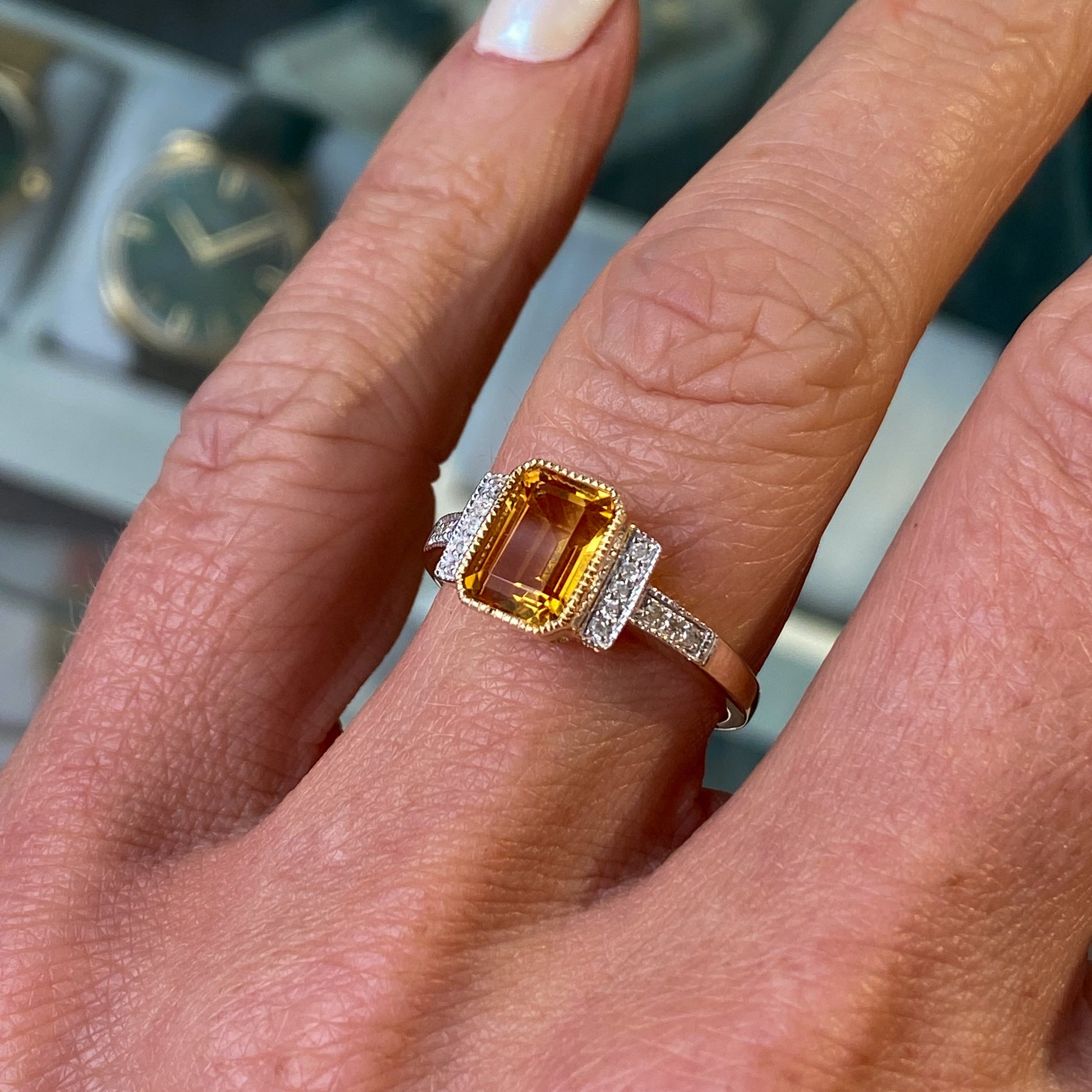 9ct Gold Deco Style Citrine & Diamond Ring - John Ross Jewellers