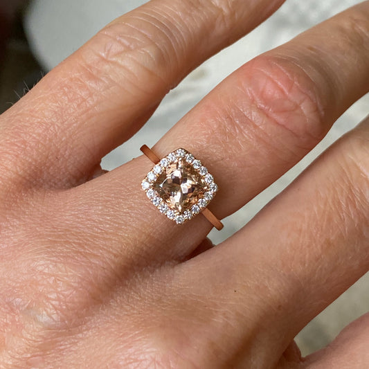 9ct Rose Gold Cushion Morganite & Diamond Ring | 1.46ct - John Ross Jewellers