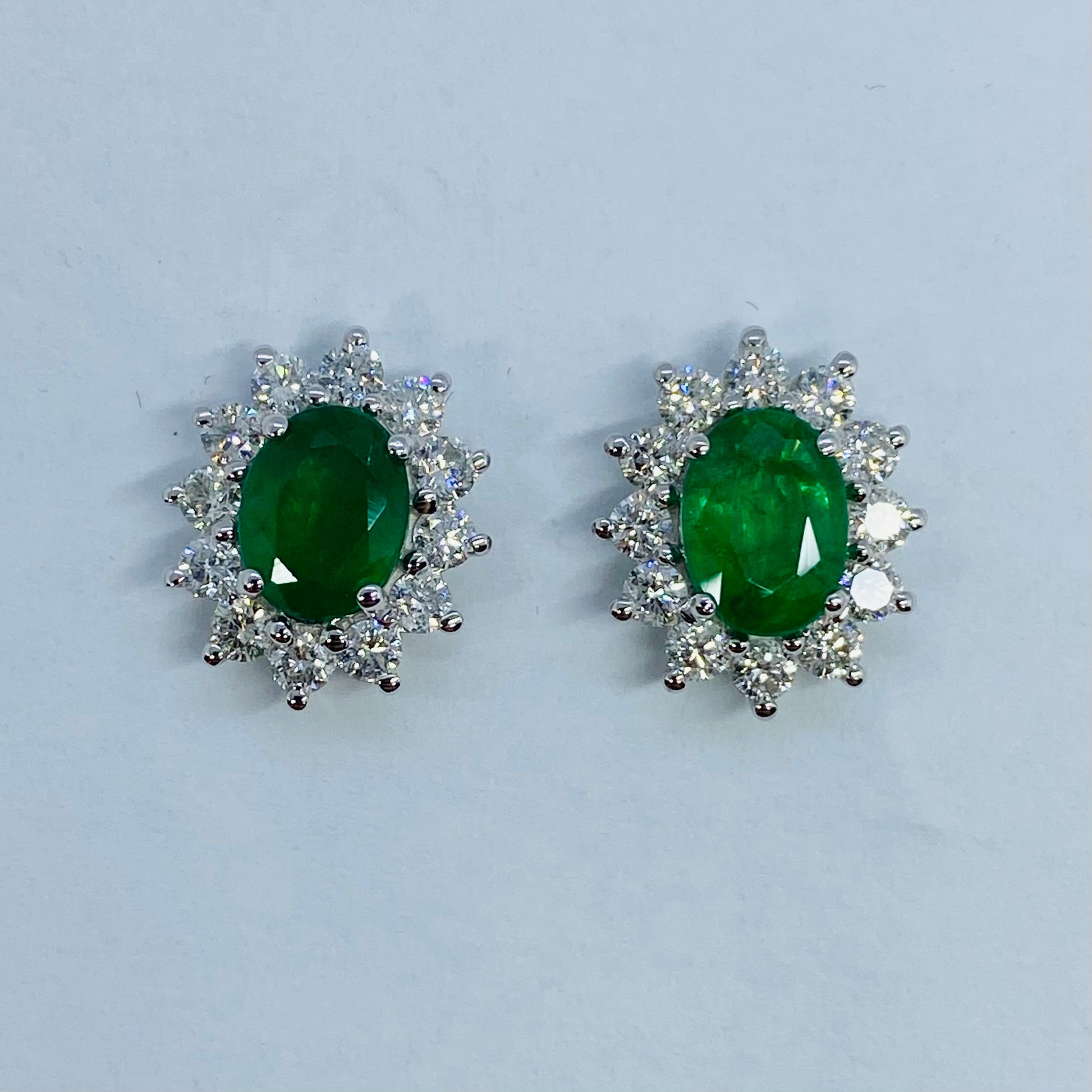 18ct White Gold Emerald & Diamond Oval Cluster Stud Earrings - John Ross Jewellers