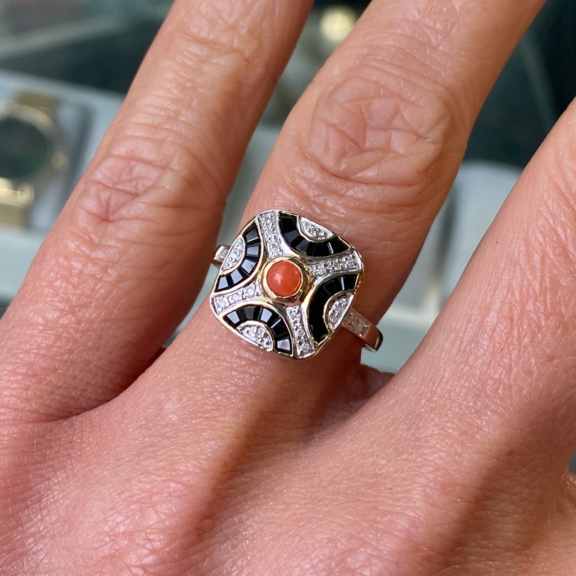 9ct Gold Red Coral, Onyx & Diamond Ring - John Ross Jewellers
