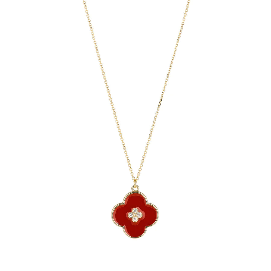 9ct Gold Red Enamel & CZ Quatrefoil Necklace - John Ross Jewellers
