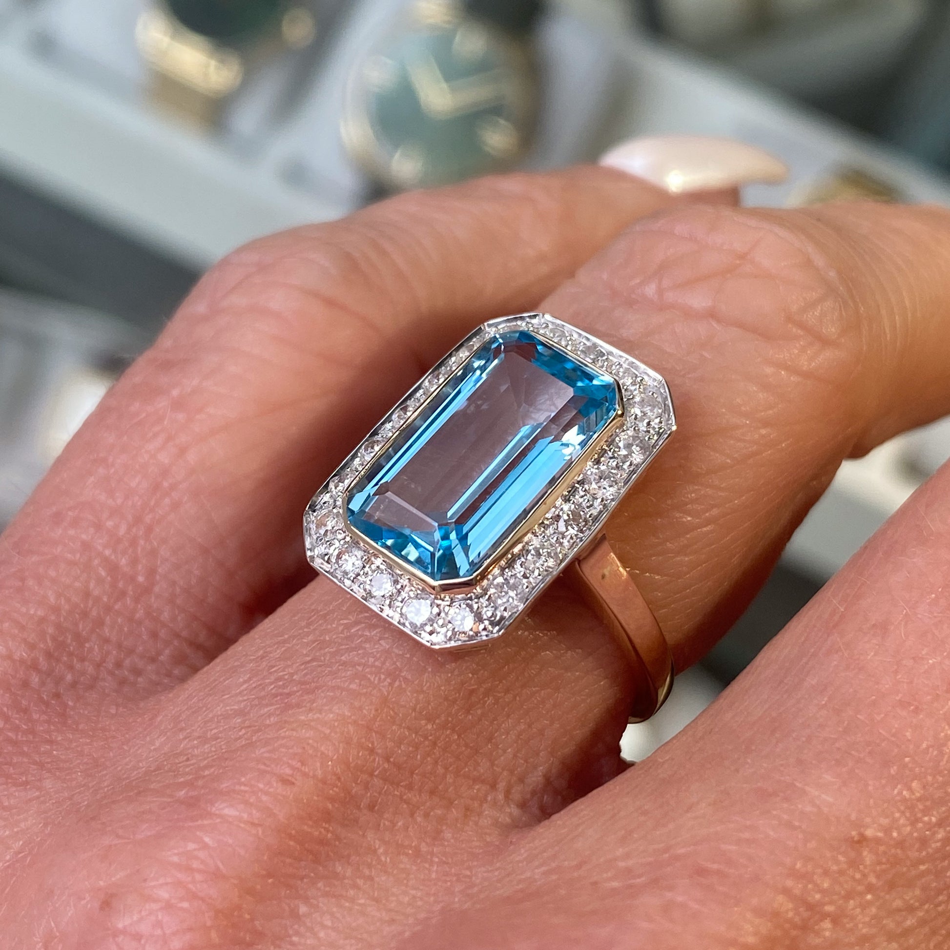 9ct Gold Elongated Blue Topaz & Diamond Ring - John Ross Jewellers