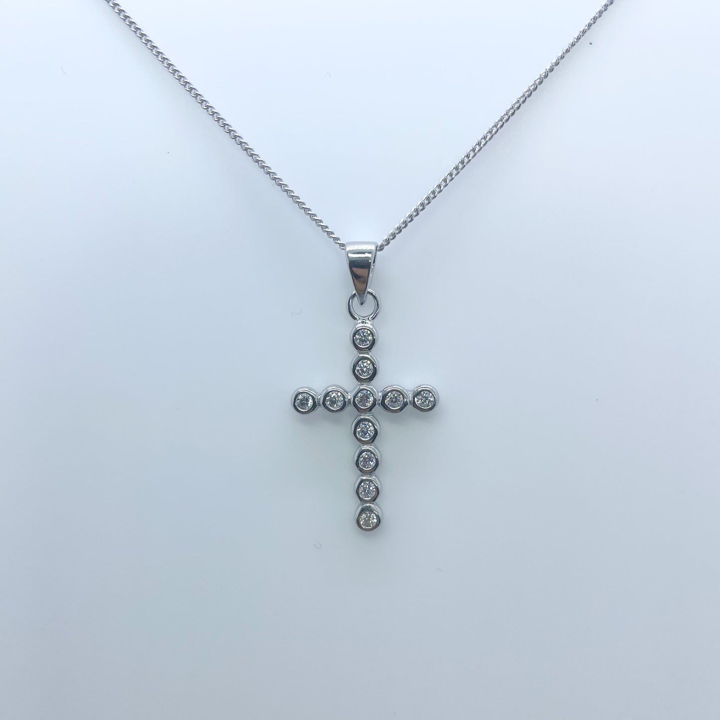 Silver Bezel Set CZ Cross Necklace - John Ross Jewellers
