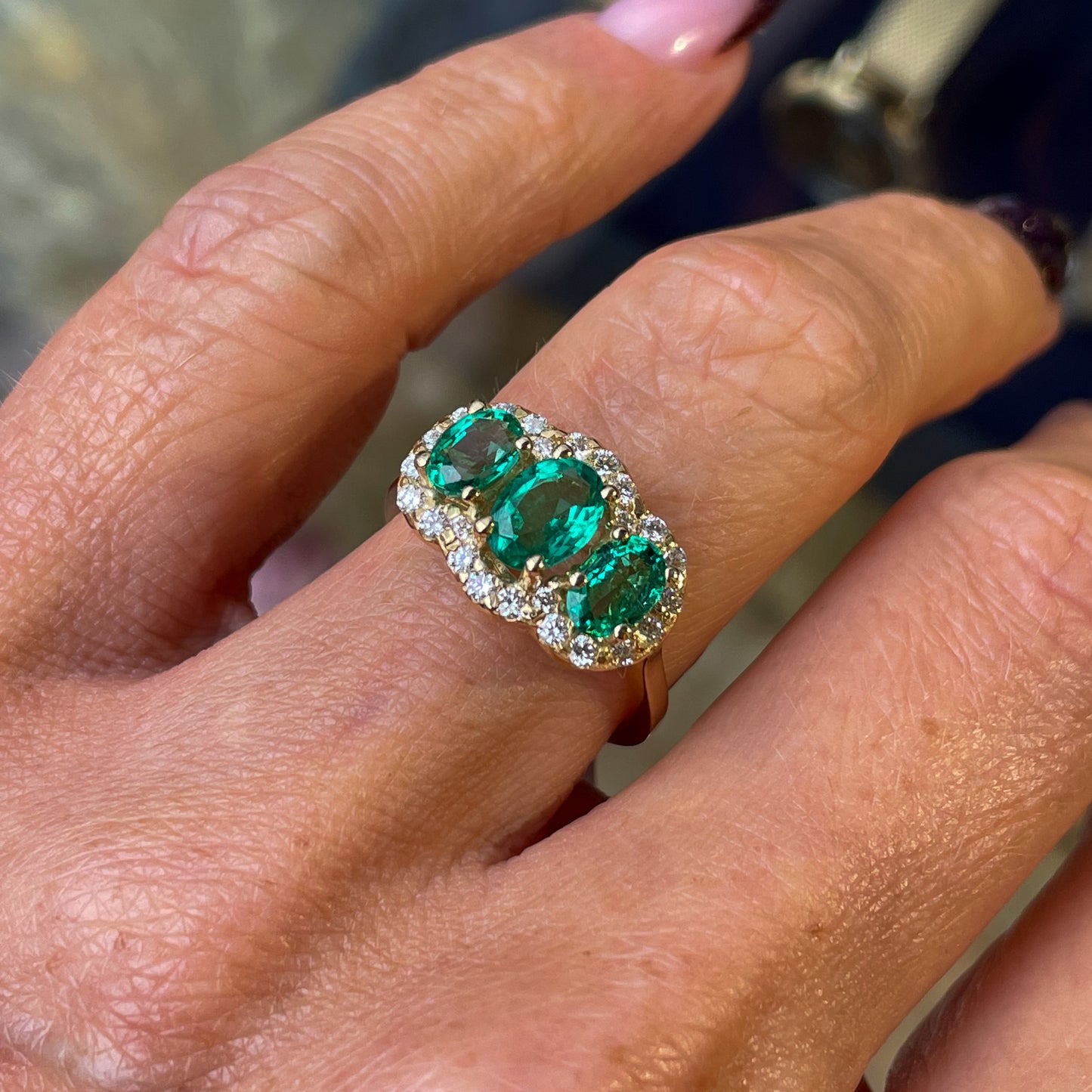 18ct Gold Emerald & Diamond Garland Ring - John Ross Jewellers