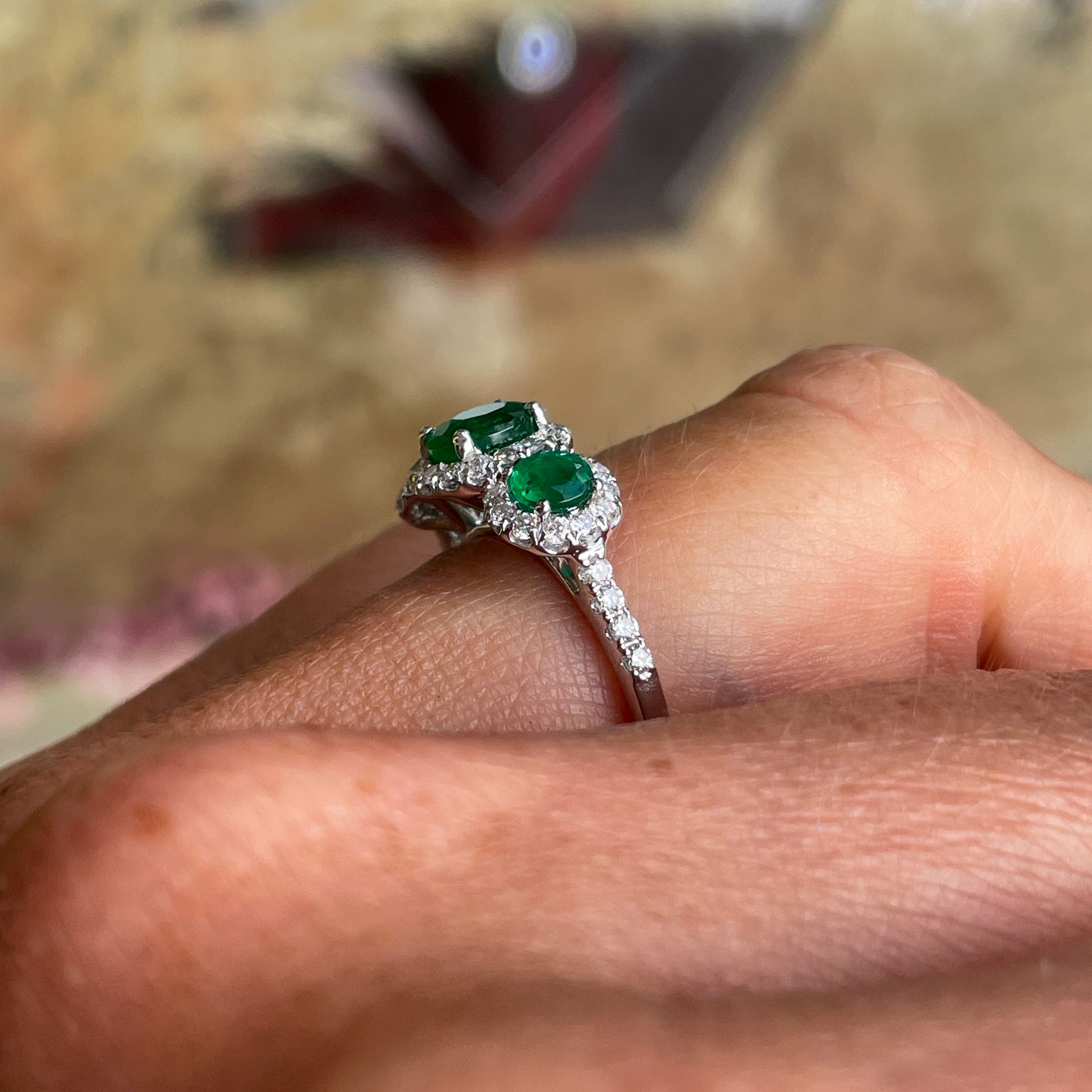 Platinum Emerald & Diamond Trilogy Garland Ring | Diamond Shoulders - John Ross Jewellers