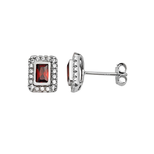 Silver Created Garnet & CZ Cluster Earrings | Rectangular - John Ross Jewellers