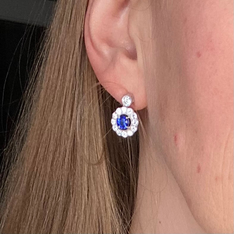 Silver Created Sapphire CZ Halo Drop Earrings - John Ross Jewellers