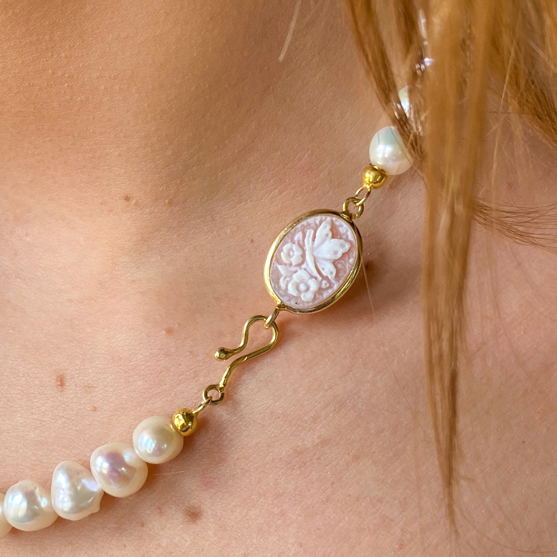 Floral & Butterfly Cameo & Freshwater Pearl Necklace 8mm-10mm | 44cm - John Ross Jewellers