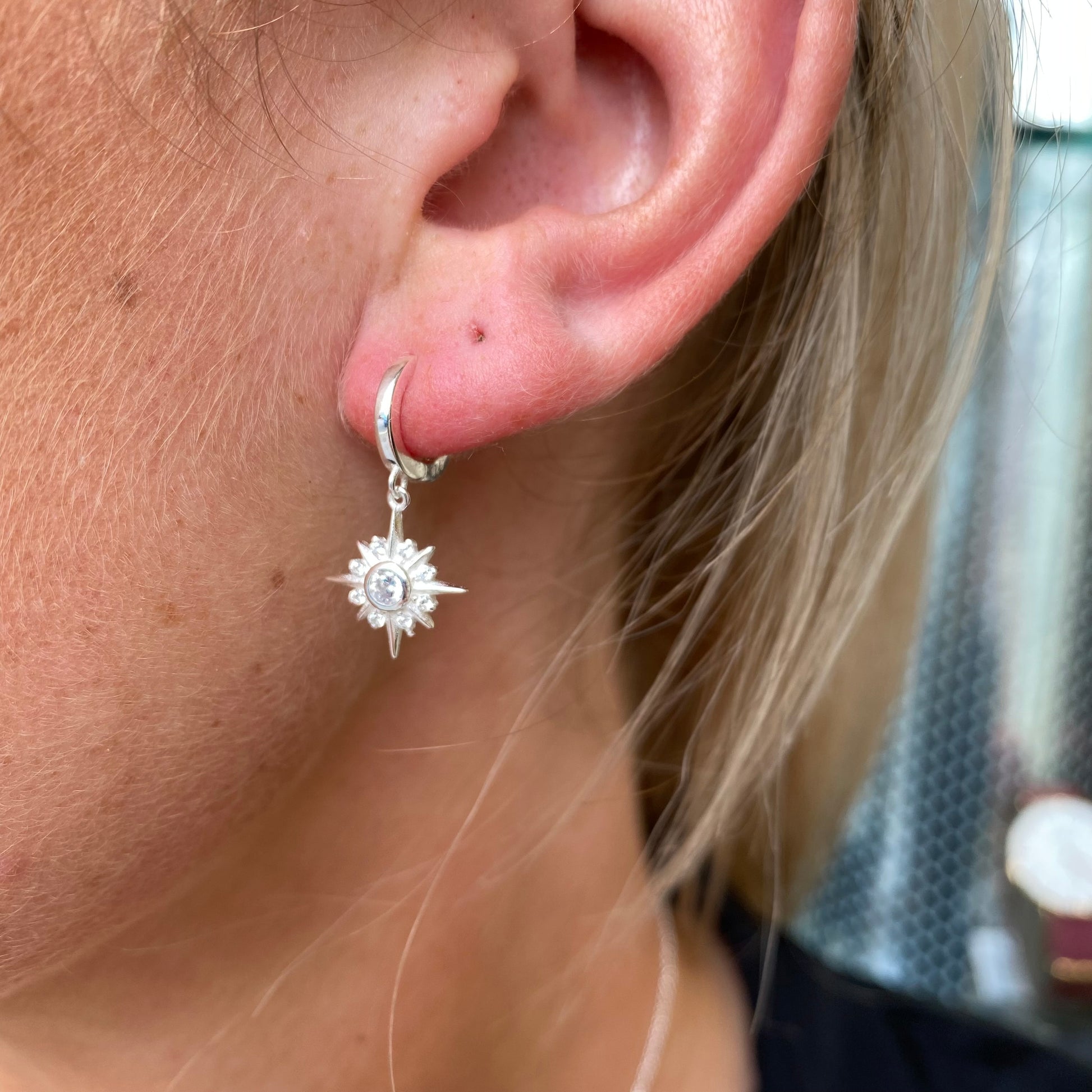 Silver CZ Compass Star Charm Huggie Hoop Earrings | 10mm - John Ross Jewellers