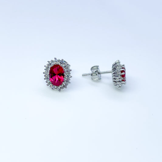 Silver Created Ruby & CZ Oval Cluster Earrings - John Ross Jewellers