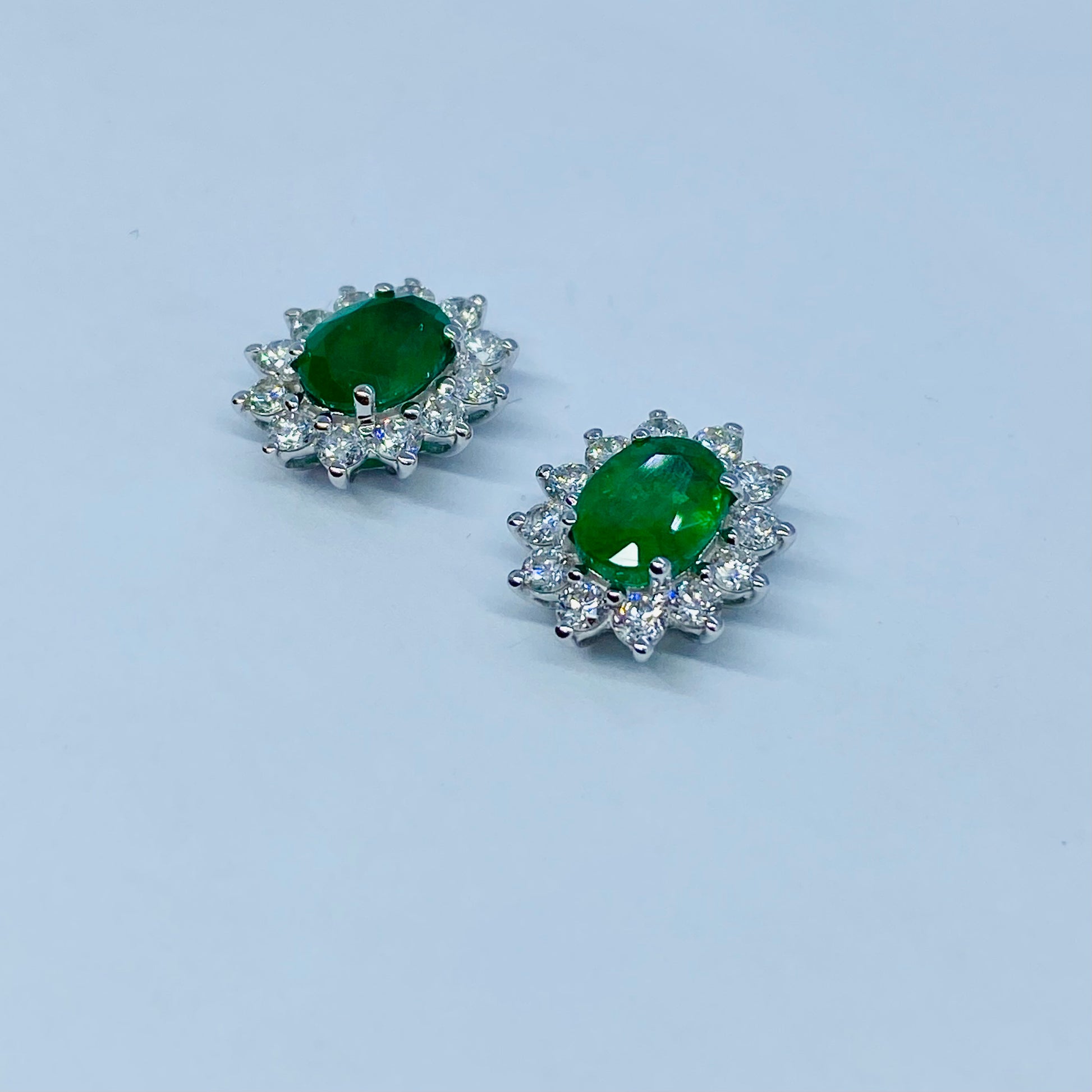 18ct White Gold Emerald & Diamond Oval Cluster Stud Earrings - John Ross Jewellers