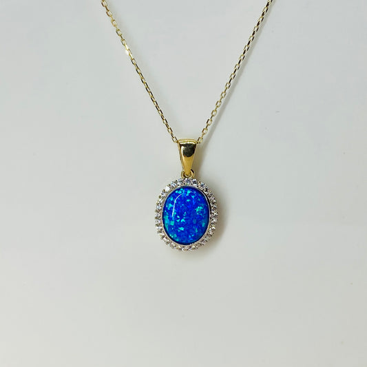 9ct Gold Oval Blue Opalique CZ Halo Necklace - John Ross Jewellers