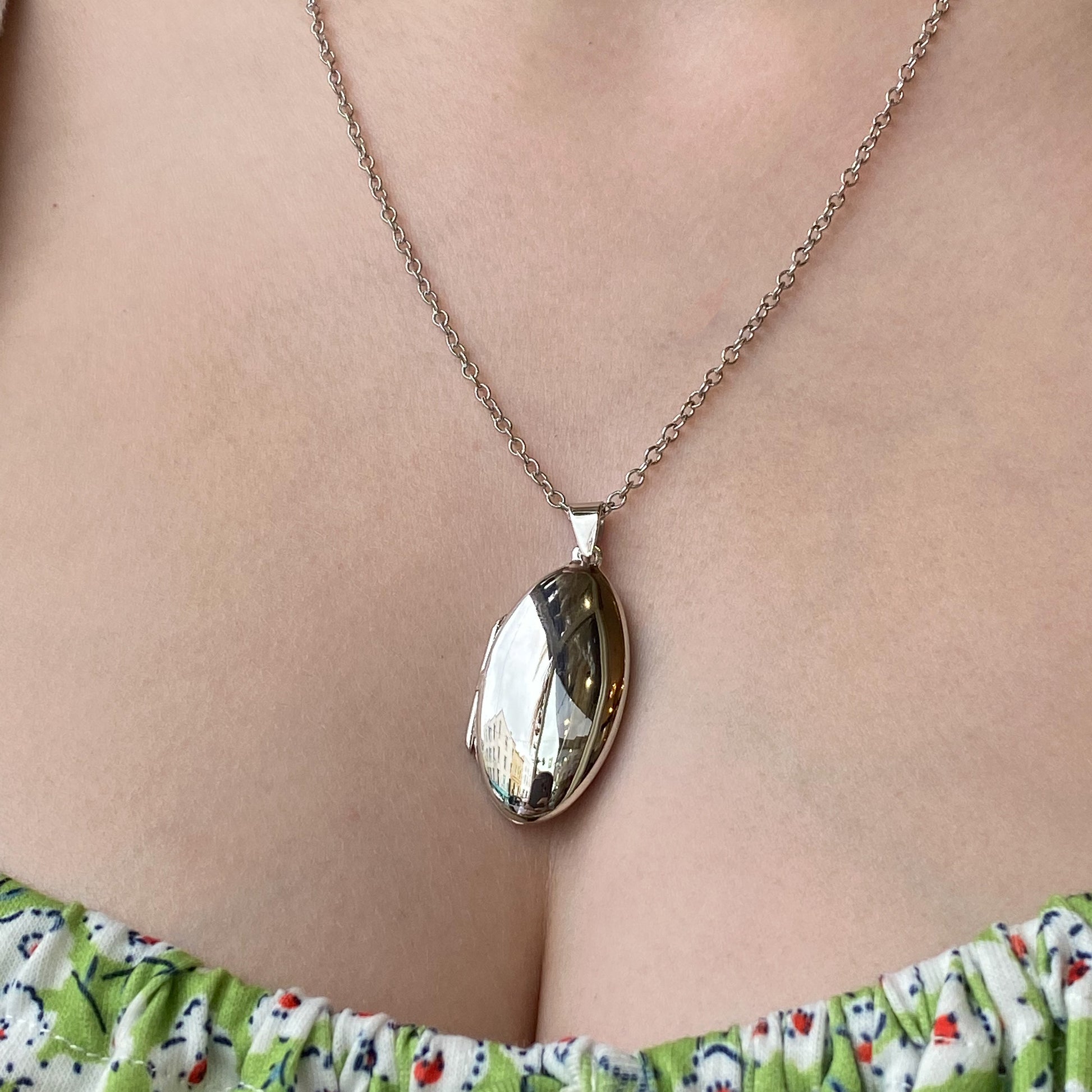 Silver Polished Long Oval Locket and Chain - John Ross Jewellers