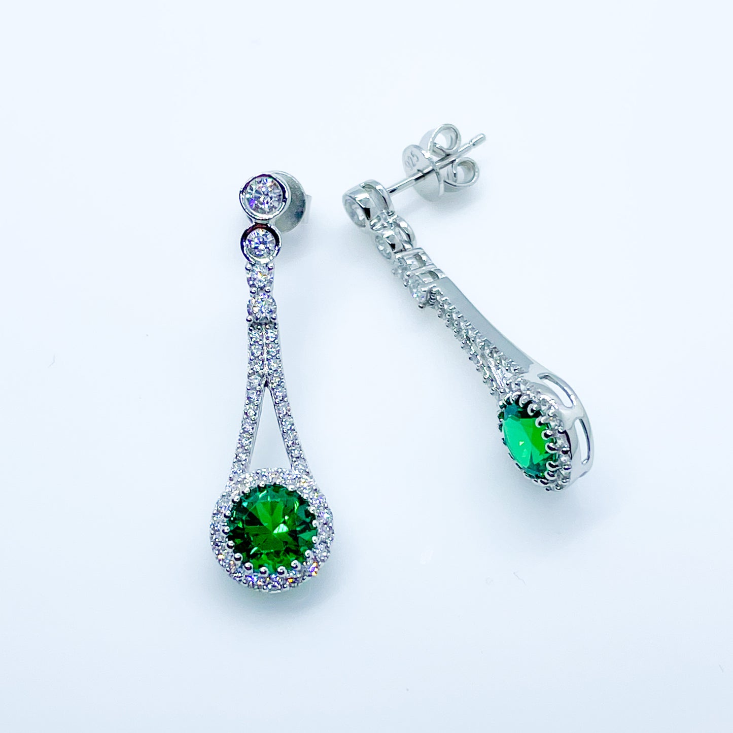 Silver Created Emerald & CZ Vintage Style Drop Earrings - John Ross Jewellers