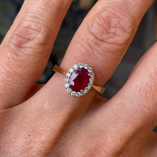 18ct Gold Ruby & Diamond Oval Cluster Ring - John Ross Jewellers