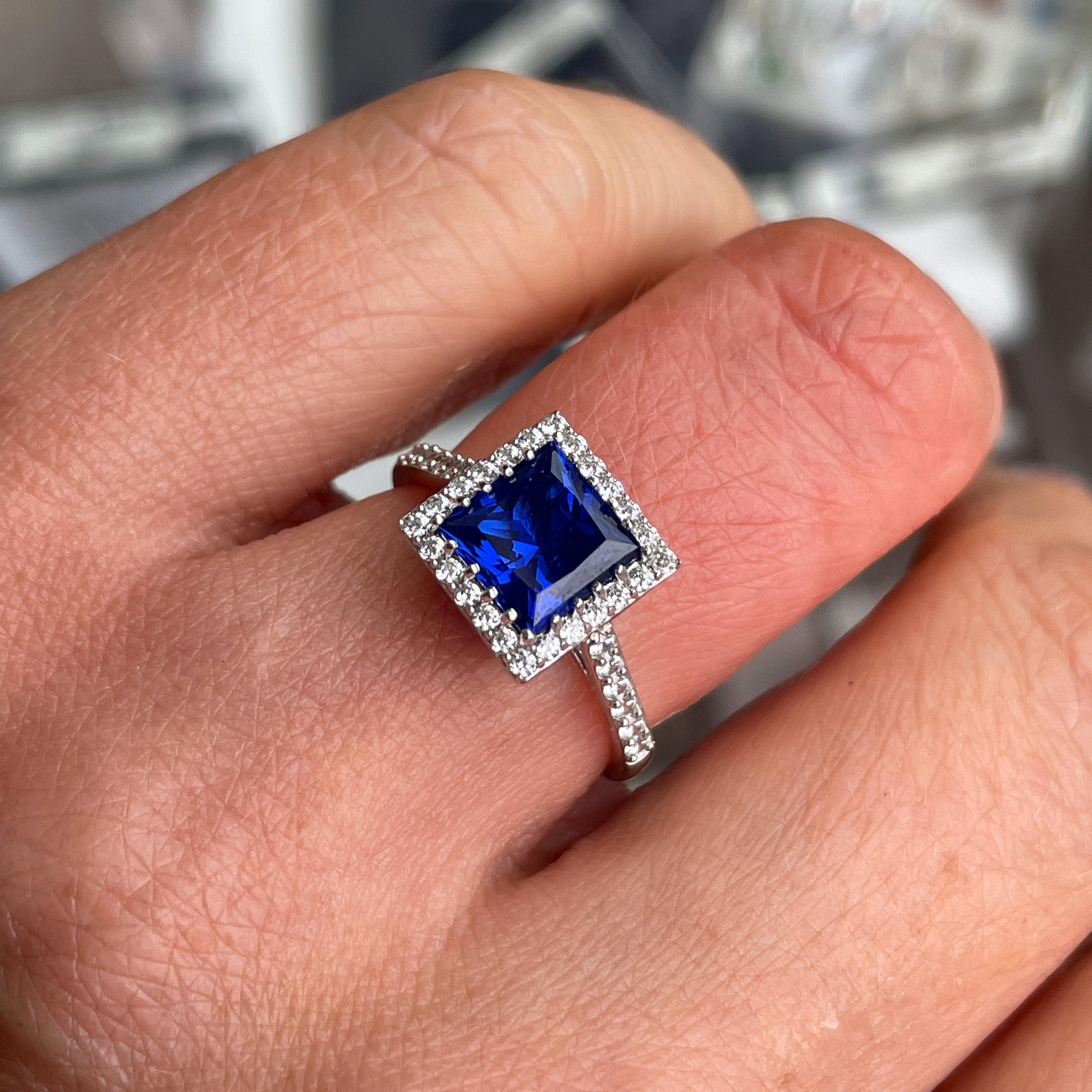 Silver Square Blue CZ Ring With Halo & Shoulders - John Ross Jewellers