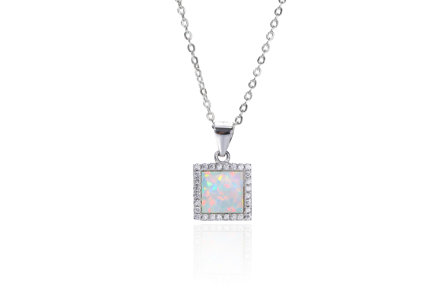 Silver Square Opalique & CZ Halo Necklace - John Ross Jewellers