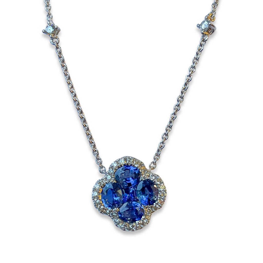 18ct White Gold Sapphire & Diamond Quatrefoil Necklace - John Ross Jewellers