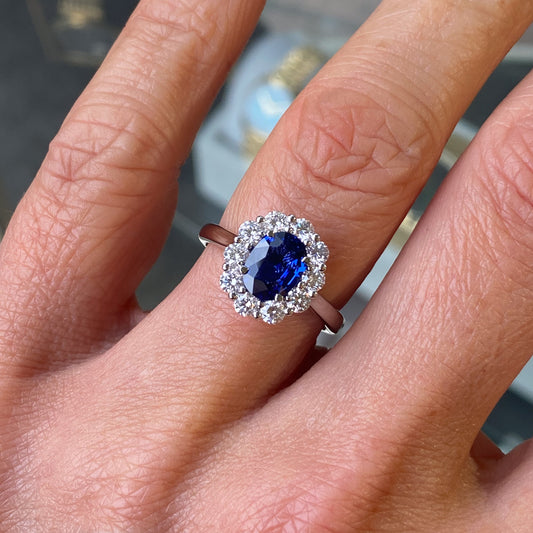 Platinum Sapphire & Diamond Diana Cluster Ring - John Ross Jewellers