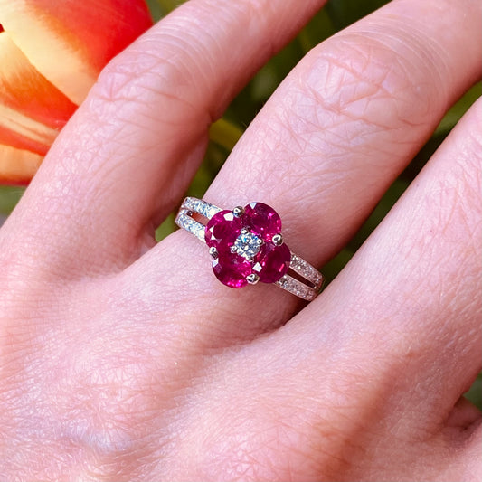 18ct White Gold Pink Sapphire & Diamond Quatrefoil Ring - John Ross Jewellers