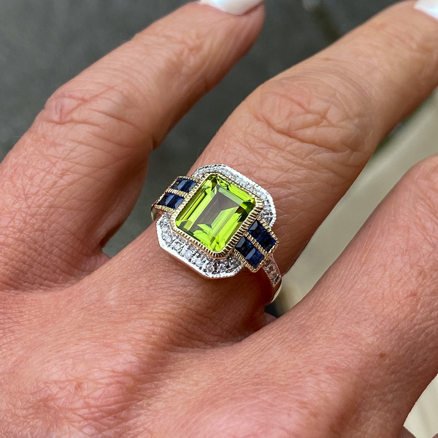 9ct Gold Peridot, Sapphire & Diamond Ring - John Ross Jewellers