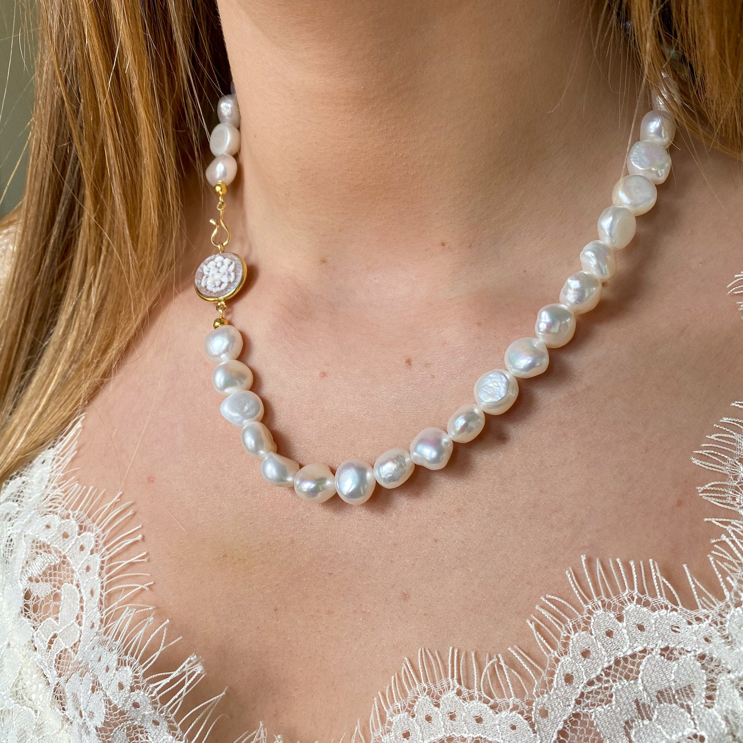 Floral Cameo & Freshwater Pearl Necklace 10mm-12mm | 43cm - John Ross Jewellers
