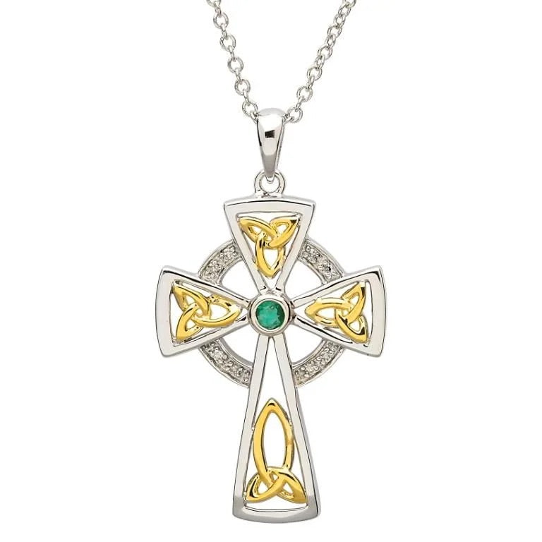 Silver Emerald & Diamond Celtic Cross & Chain - John Ross Jewellers