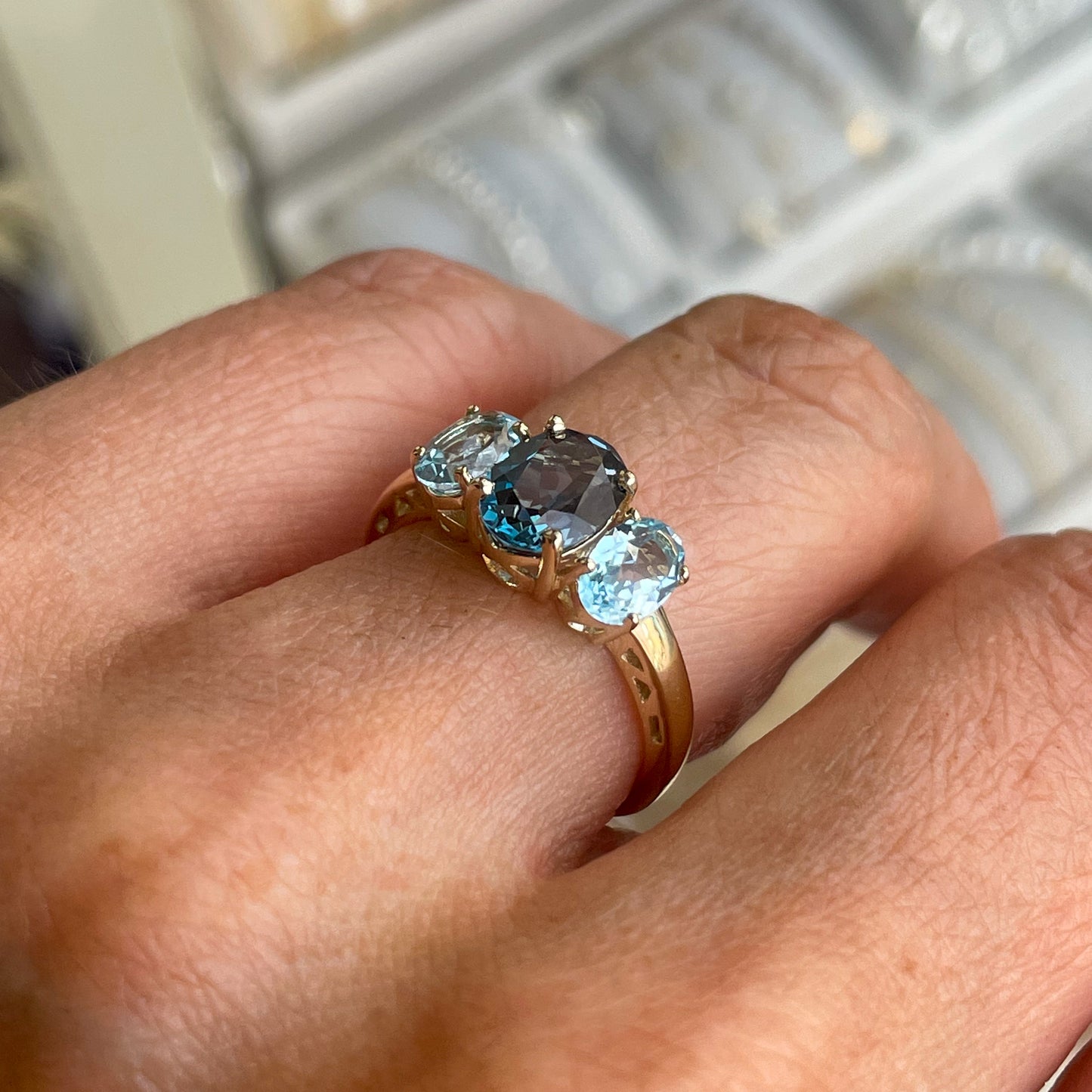 9ct Gold Oval Trilogy Ring - London Blue & Sky Blue Topaz - John Ross Jewellers