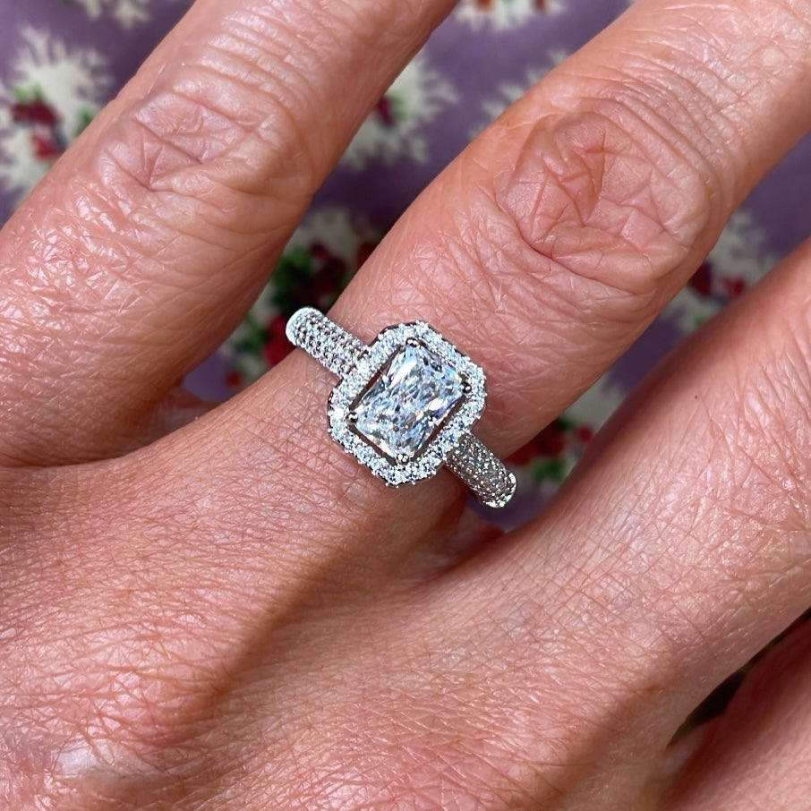 Silver Radiant Cut CZ Halo Ring - John Ross Jewellers