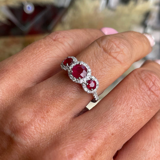Platinum Ruby & Diamond Trilogy Garland Ring | Diamond Shoulders - John Ross Jewellers