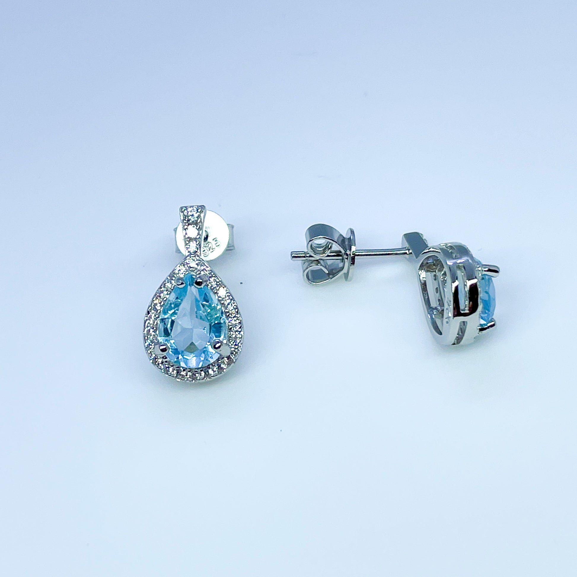 Silver Sky Blue Topaz Pear Halo Earrings - John Ross Jewellers