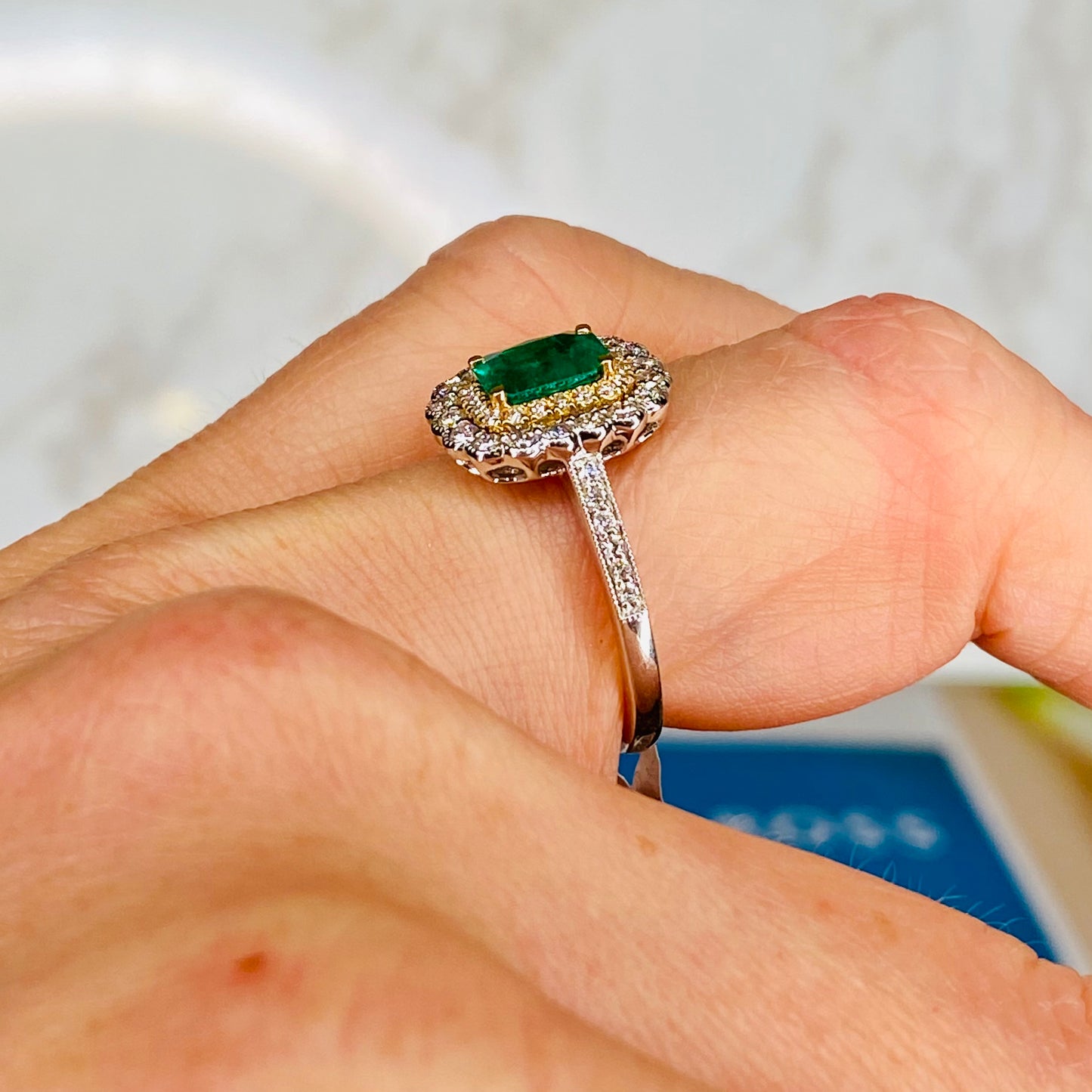 18ct White Gold Emerald & Diamond Double Halo Cluster Ring with Diamond Set Shoulders - John Ross Jewellers