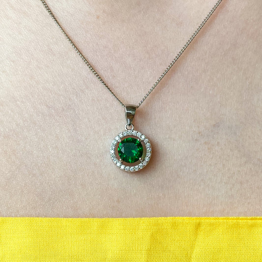 Silver Created Emerald & CZ Round Pendant Necklace - John Ross Jewellers