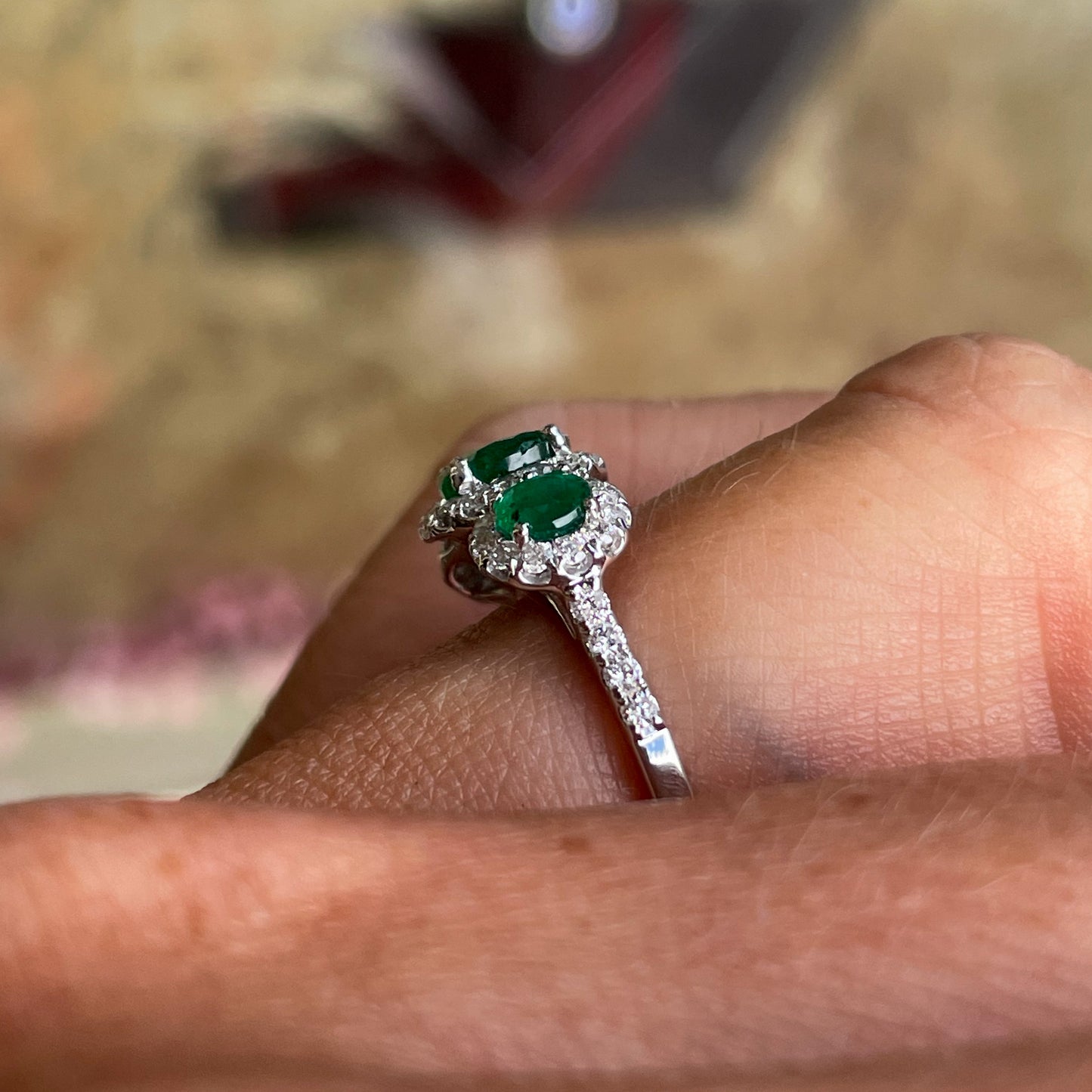 Platinum Emerald & Diamond Trilogy Garland Ring | Diamond Shoulders - John Ross Jewellers