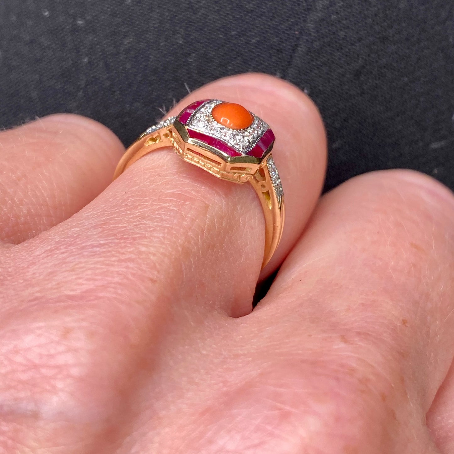 9ct Gold Coral, Ruby & Diamond Ring - John Ross Jewellers