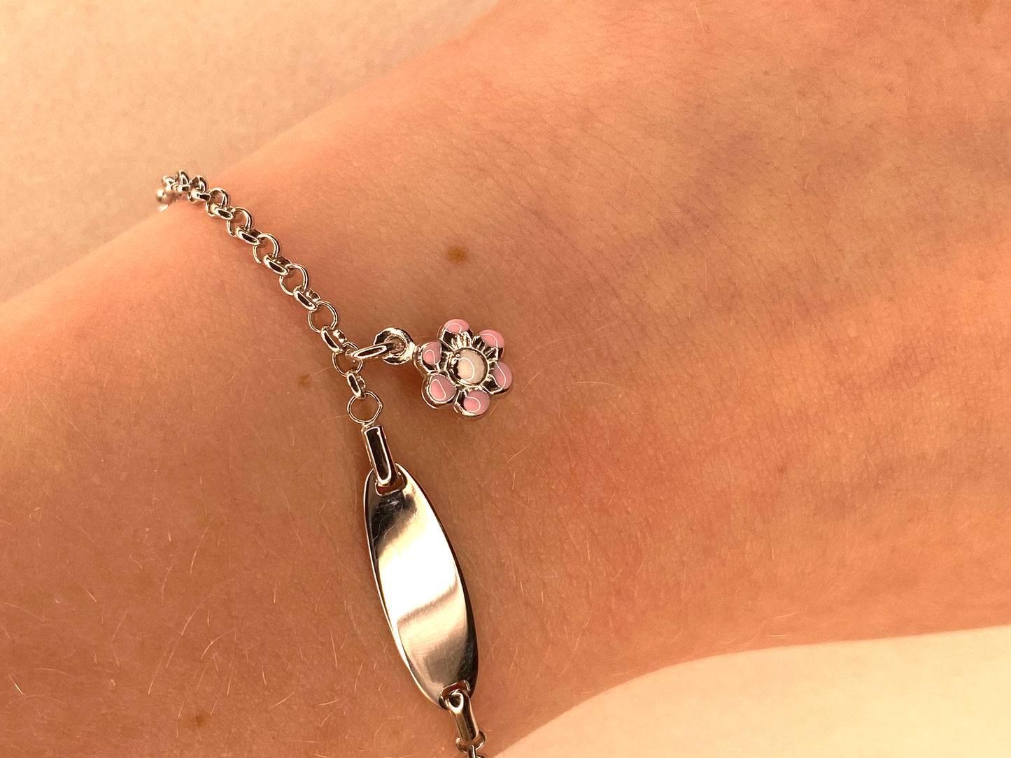 Silver Child's Identity Bracelet - Pink Blossom Charm - John Ross Jewellers