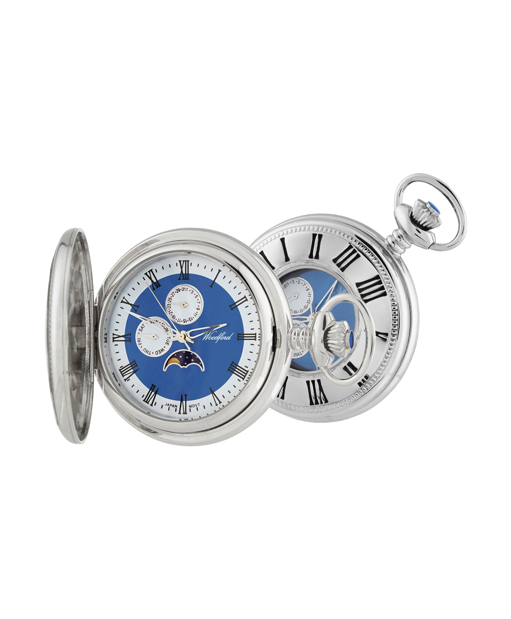Chrome Quartz Pocket Watch With Chain  Blue Dial with Moon Phase Features. 