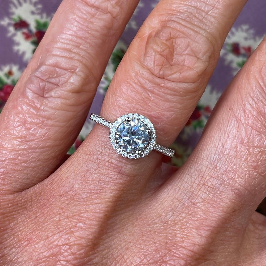 Silver CZ Solitaire Halo Ring - John Ross Jewellers