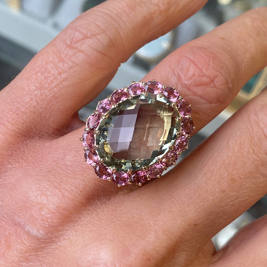 9ct Gold Green Amethyst & Pink Tourmaline Cocktail Ring - John Ross Jewellers