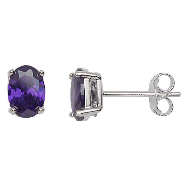 Silver Oval Purple CZ Set Stud Earrings - John Ross Jewellers