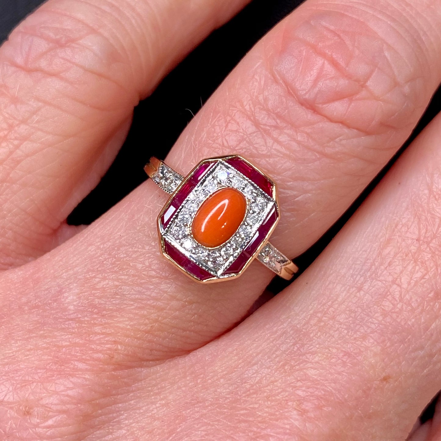 9ct Gold Coral, Ruby & Diamond Ring - John Ross Jewellers