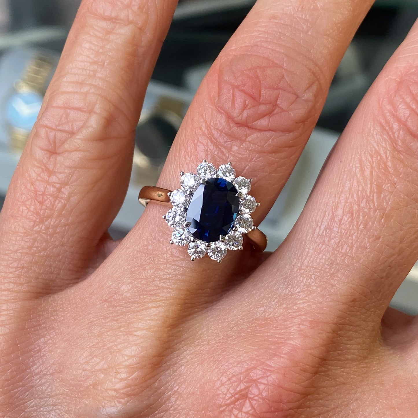 18ct Gold Sapphire & Diamond Diana Cluster Ring - John Ross Jewellers