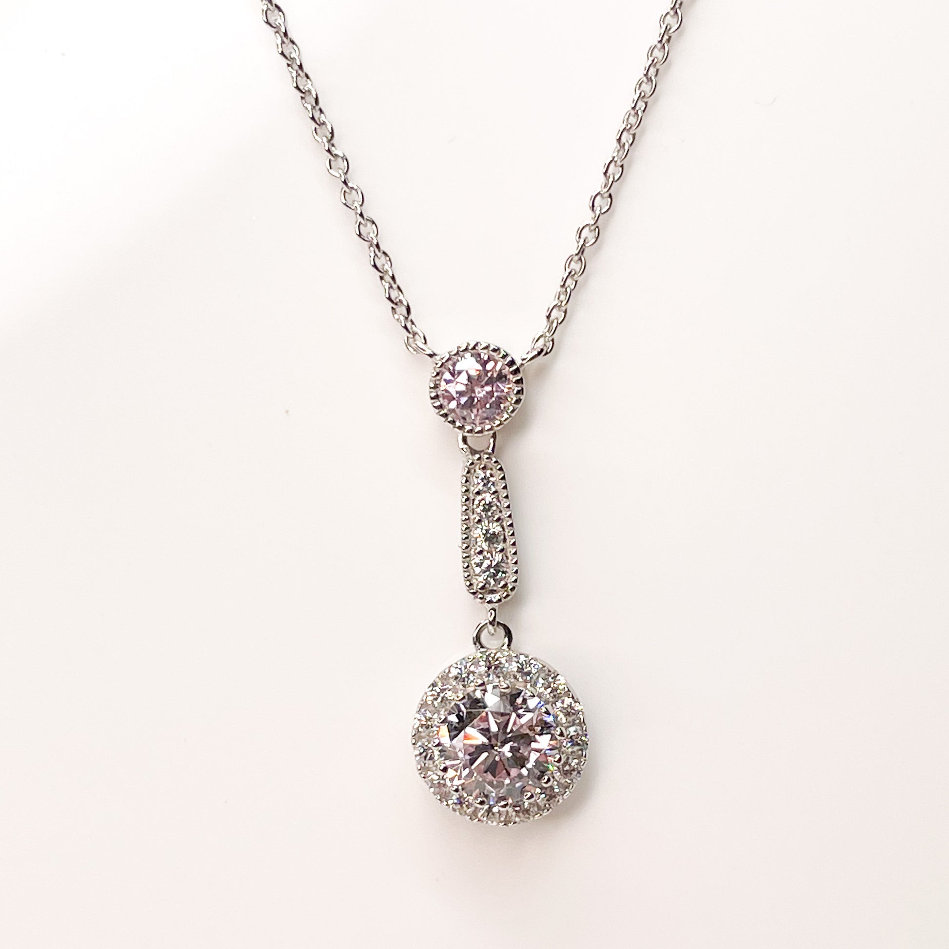 Silver Soft Pink CZ Halo Drop Necklace - John Ross Jewellers
