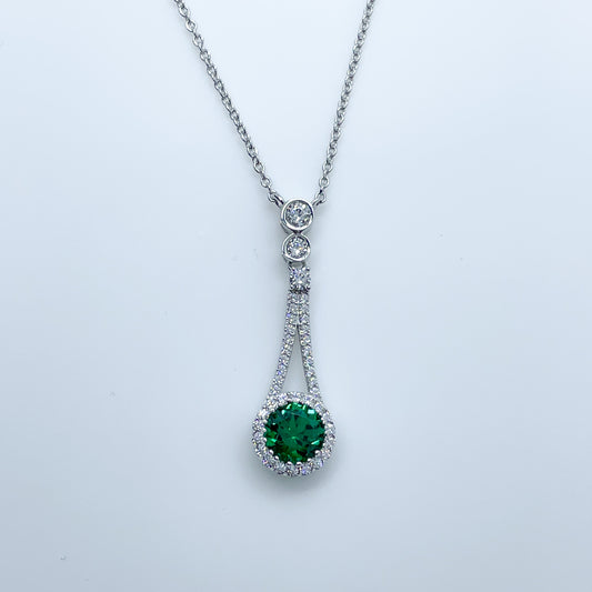 Silver Created Emerald & CZ Halo Drop Necklace - John Ross Jewellers