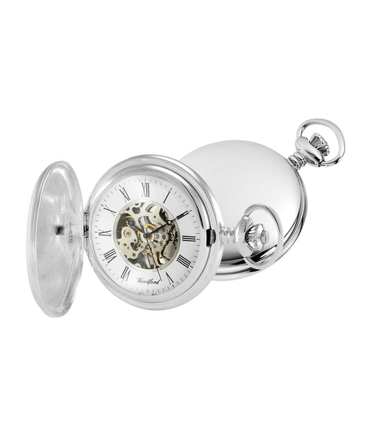 Woodford Sterling Silver Skeleton Pocket Watch W Albert Chain - John Ross Jewellers