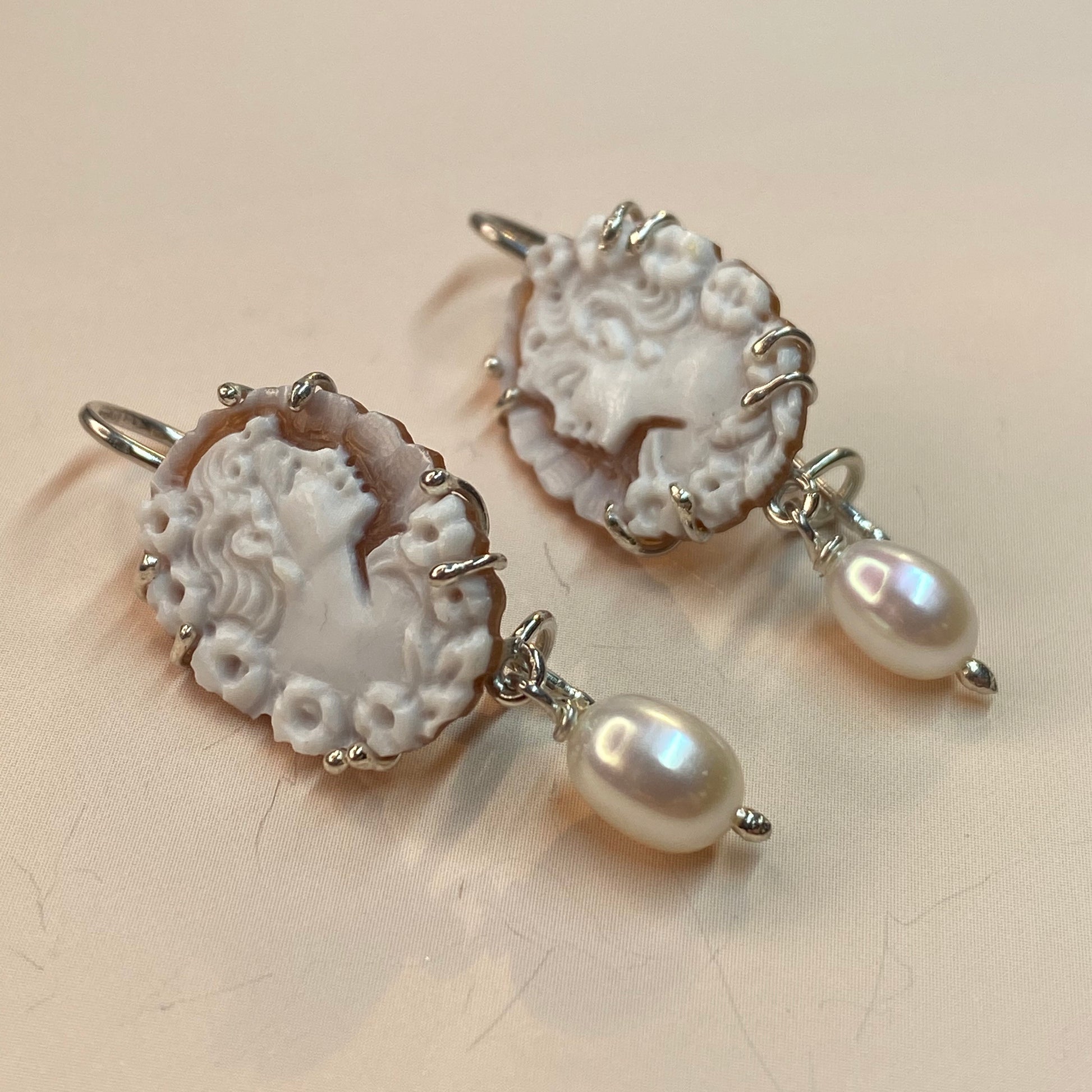 Cameo & Pearl Drop Earrings - Small - John Ross Jewellers