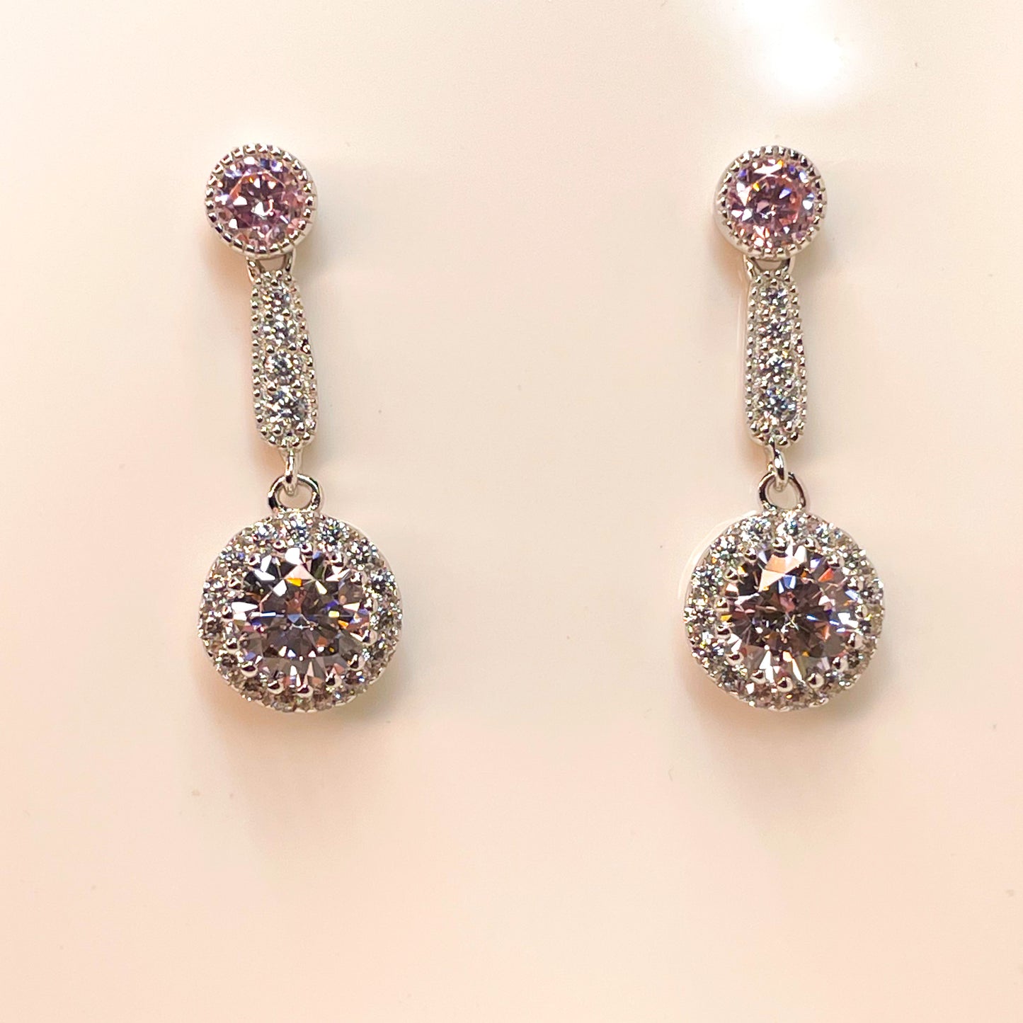 Silver Soft Pink CZ Halo Drop Earrings - John Ross Jewellers